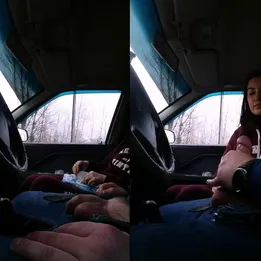 Daughter licks her father's balls in the car