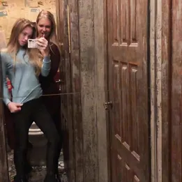 Slutty teen sisters take selfies in restaurant toilet